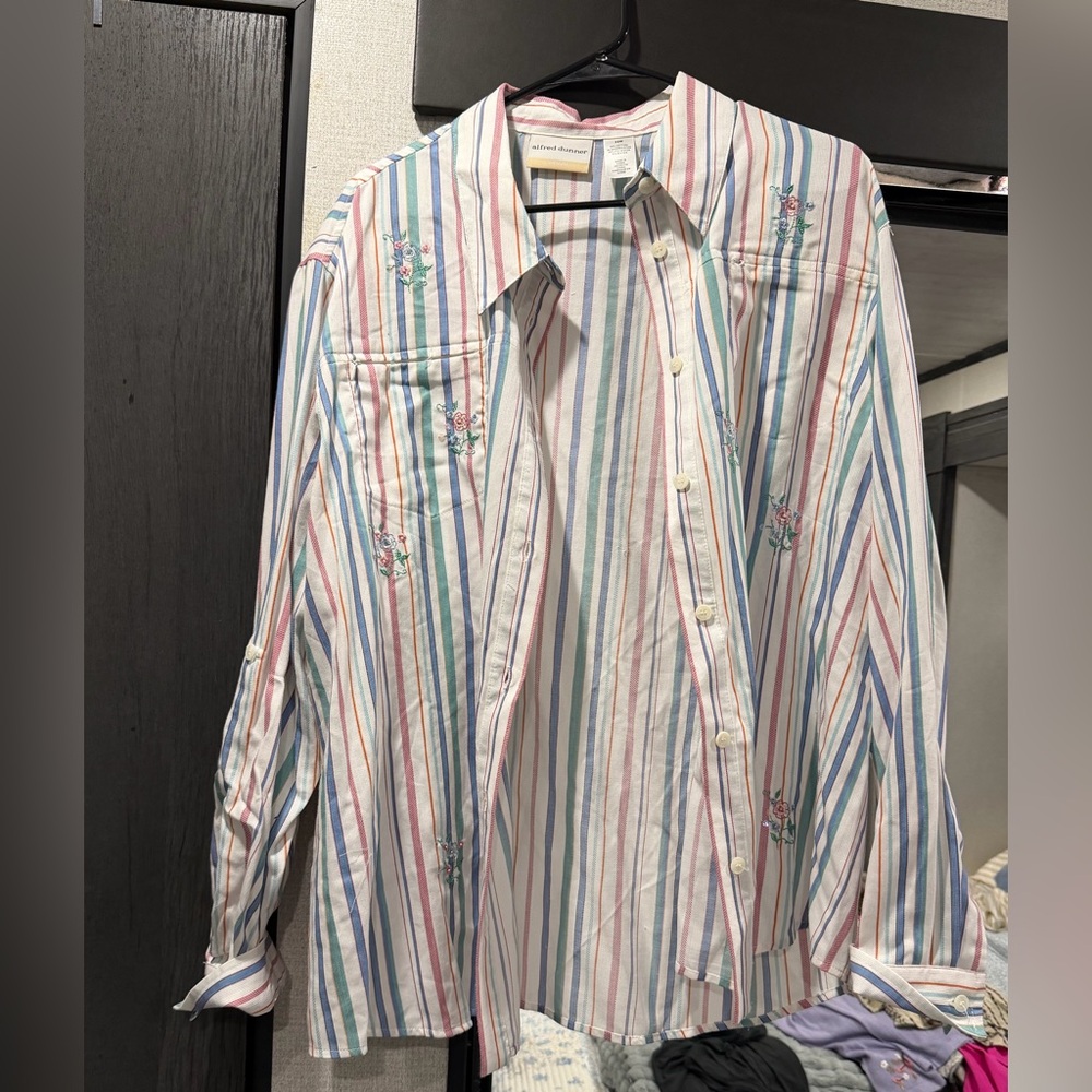 Alfred Dunner Pastel Multi-Striped Button Down Shirt with Floral Embroidery